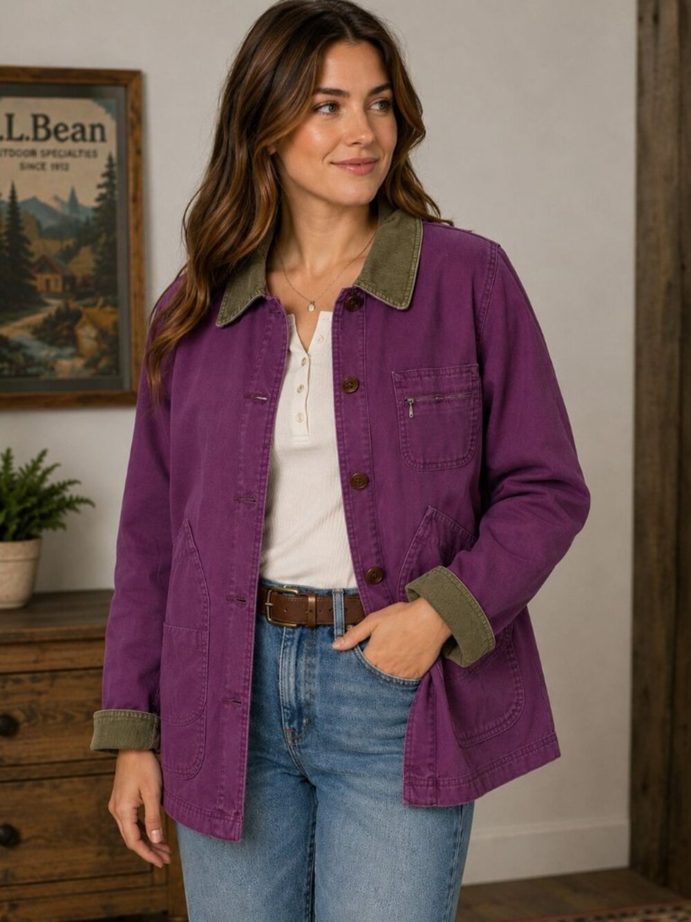 Vintage 90s L.L. Bean Womens Purple Plaid Lined Barn Field Canvas Chore Jacket S